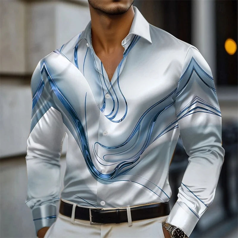 Men's abstract liquid art satin shirt by Showlu Fashion, featuring long sleeves and vibrant pink, blue, gold, and green colors.
