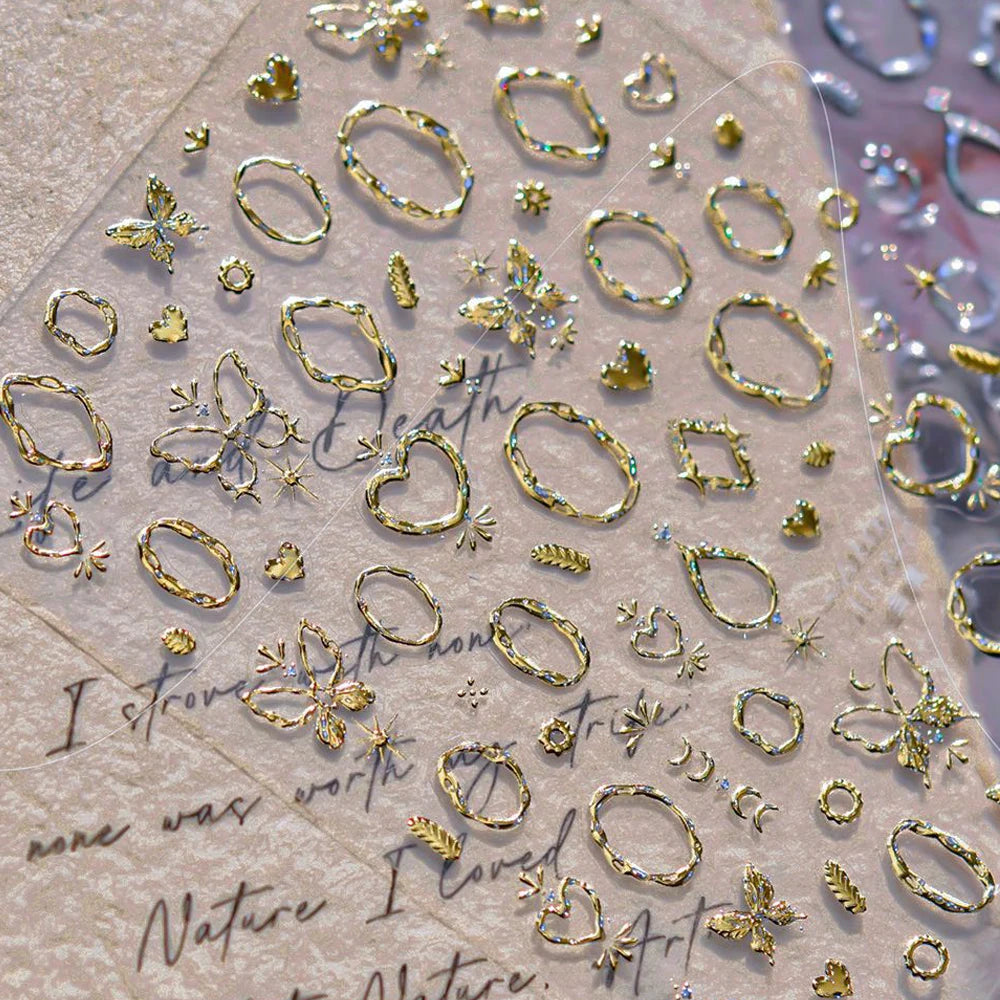 Elegant gold scepter 5D nail art stickers featuring gemstone designs and luxurious courtly patterns for manicure decoration.