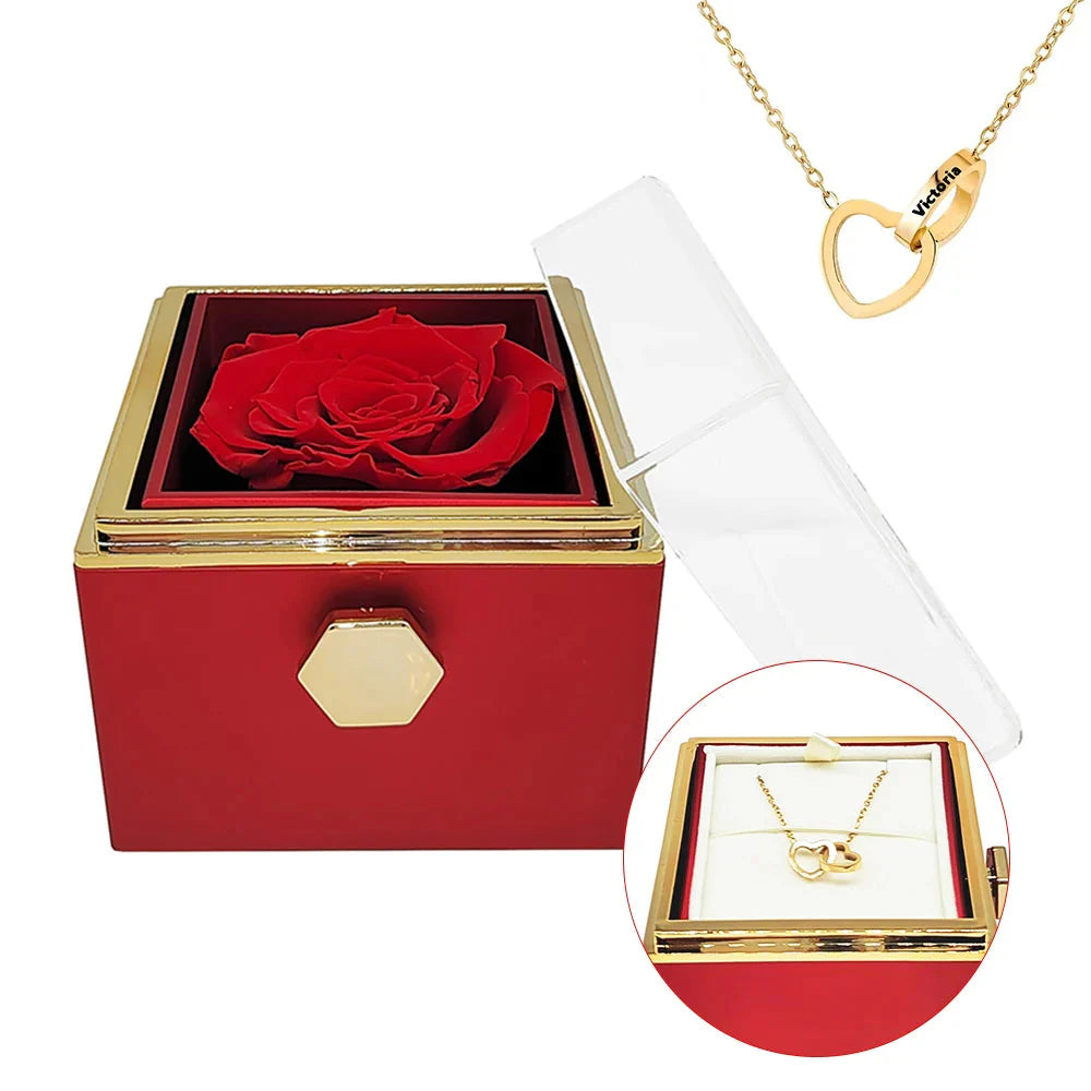 Engraved interlocking heart necklace and eternal rose in a decorative box from Showlu Fashion Store