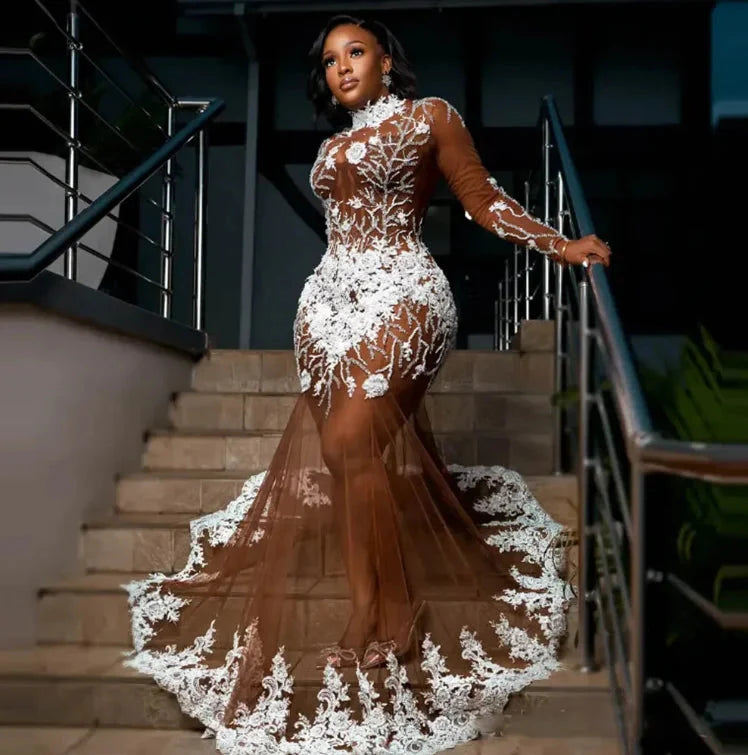 Beaded tulle mermaid evening gown with full sleeves by SHOWLU FASHION STORE, elegant prom dress with intricate beadwork.