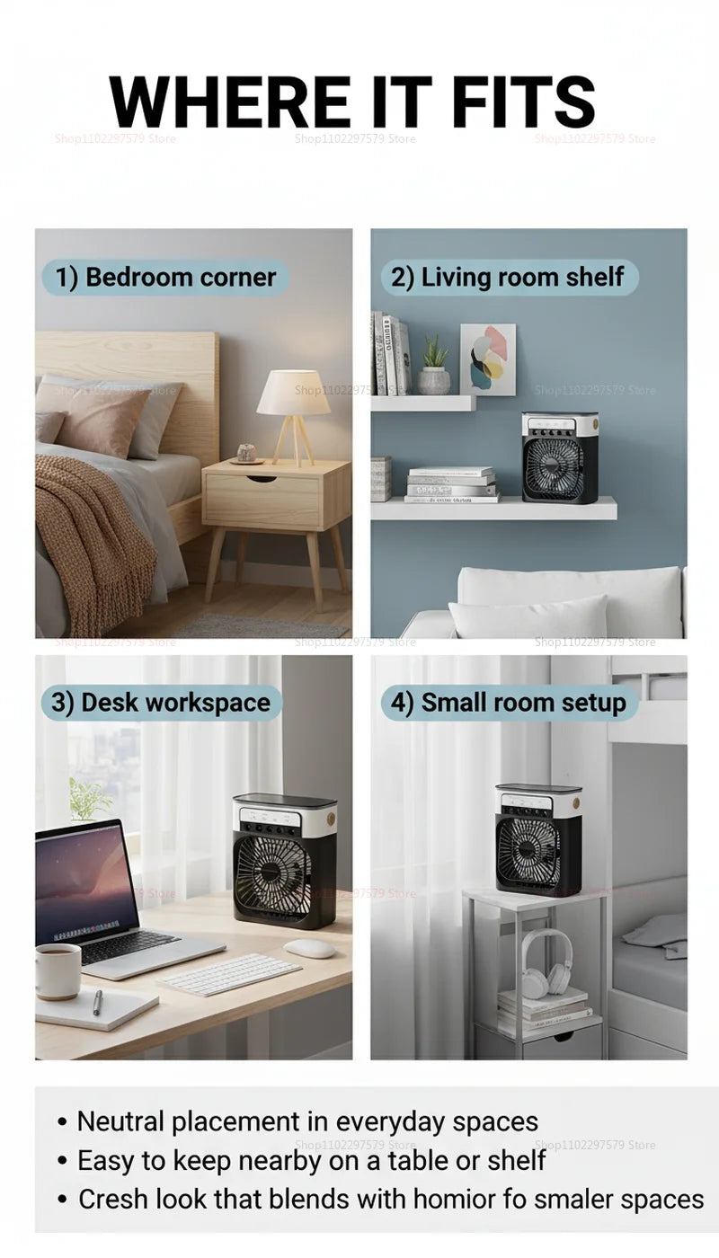Showlu Smart General portable USB air cooler fan with 3-speed settings, mini water mist humidifier, LED display, desktop cooling fan