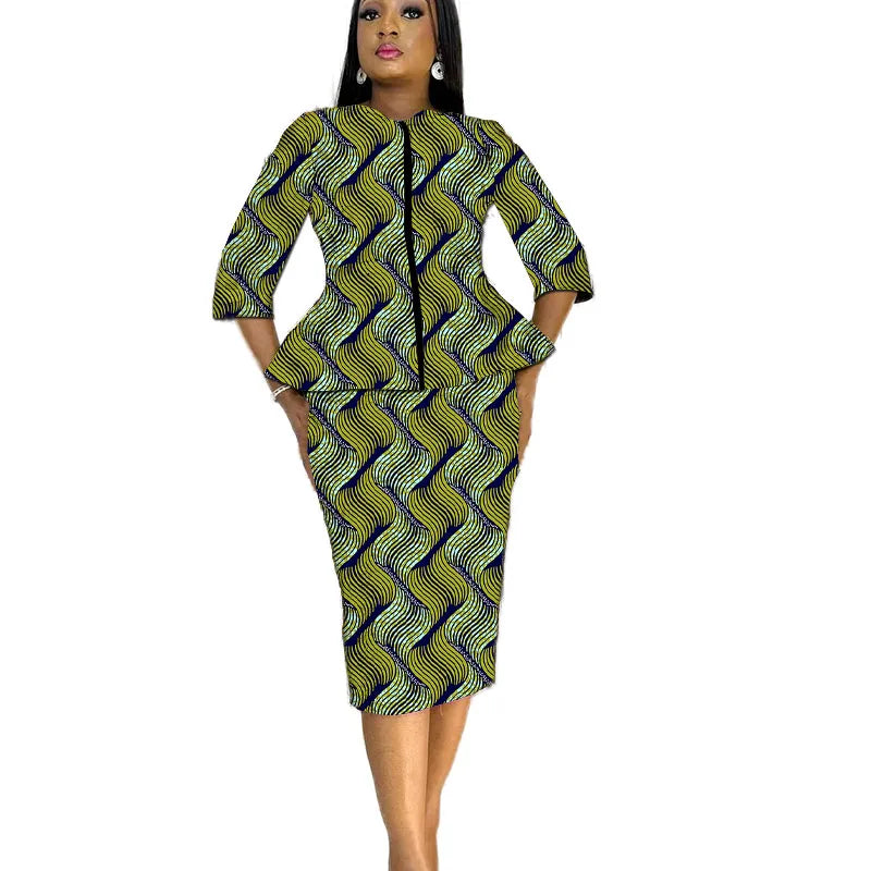 African print women's party outfit featuring a tailor-made blouse and skirt set with vibrant, traditional patterns and bold colors.
