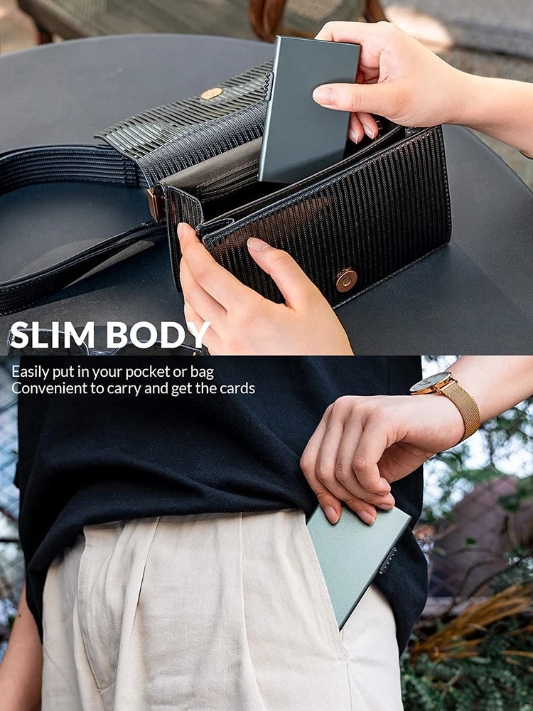Slim metal RFID blocking pop-up card holder wallet by Showlu Fashion Store with a minimalist design and multiple card slots.