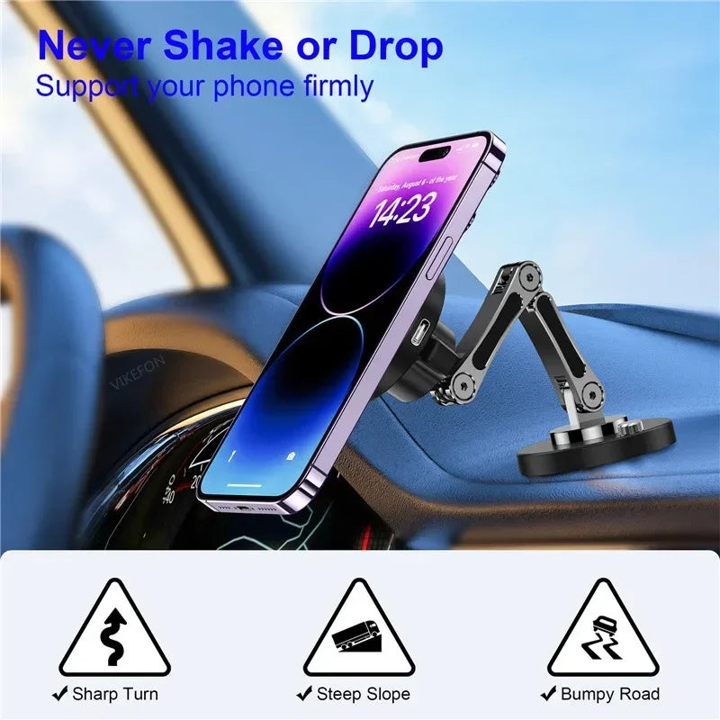 Magnetic car wireless charger phone holder by Showlu Smart General with 15W charging, mounted on a car dashboard.
