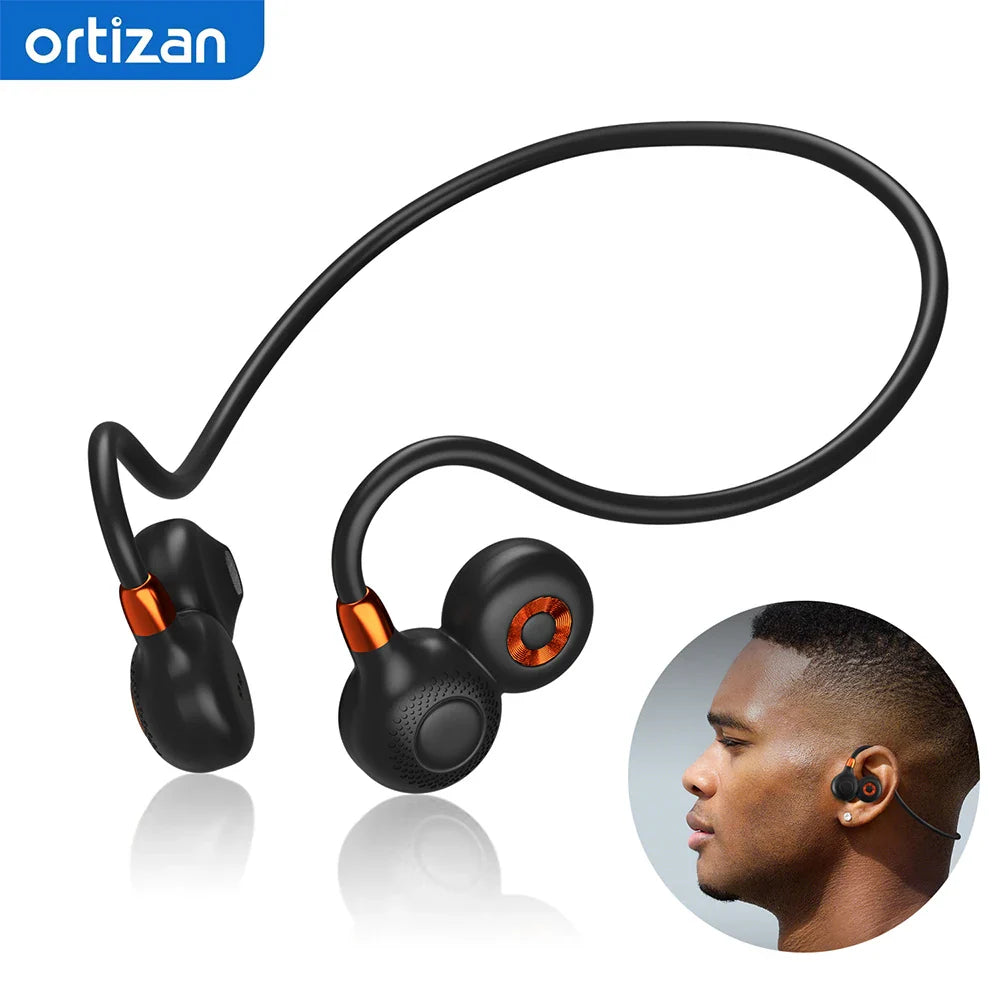 Ortizan i10 open ear wireless Bluetooth 5.3 sport earbuds with IPX6 water resistance, shown in black with sleek design.