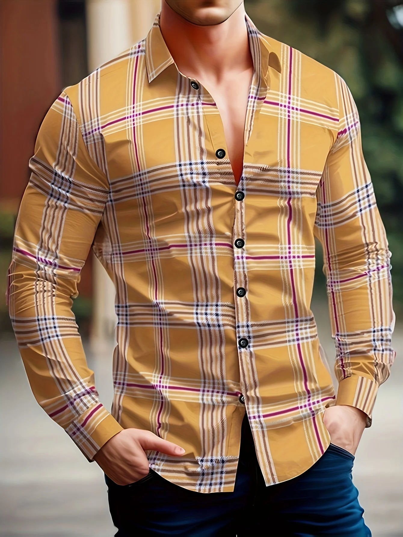 Colorful striped men's long-sleeve shirt with buttons and lapel, made of comfortable polyester for casual autumn wear.
