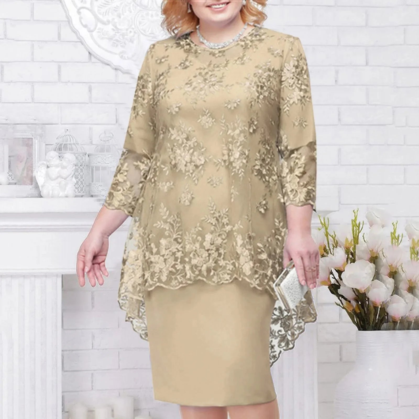 Elegant knee-length women's lace embroidery evening dress with A-line silhouette, featuring intricate lace details and a fitted waist.