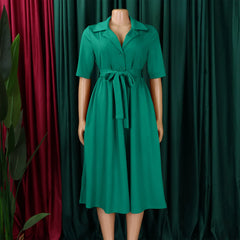 Women's plus Size Solid Color Summer Fashion Dress Short-Sleeved Suit Collar Strap Design 2024