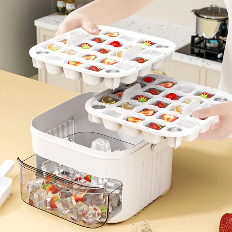 Showlu Smart Mini Portable Ice Cube Machine producing small ice cubes in a plastic ice box, compact and lightweight for easy use.