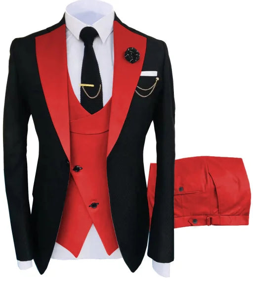 Men's luxury show tuxedo suit with jacket, trousers, and vest, perfect for parties, groomsmen, or formal events.