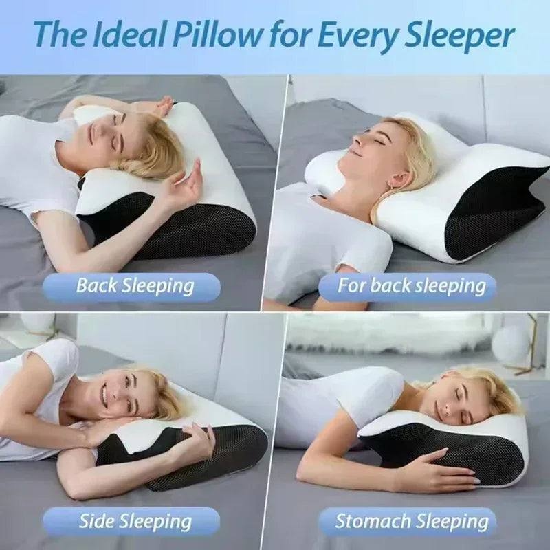 Ergonomic memory foam pillow from Tidesmit designed for neck and back pain relief, with contoured shape and soft cover.