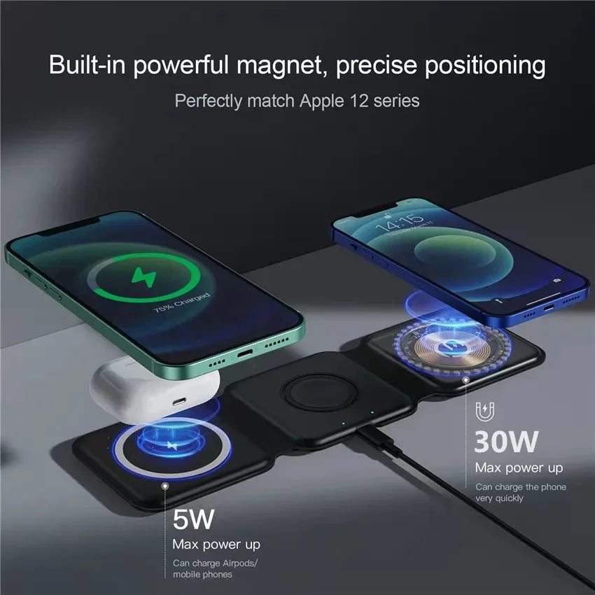Showlu Smart General 3 in 1 wireless charging station with multiple device charging slots and sleek design.