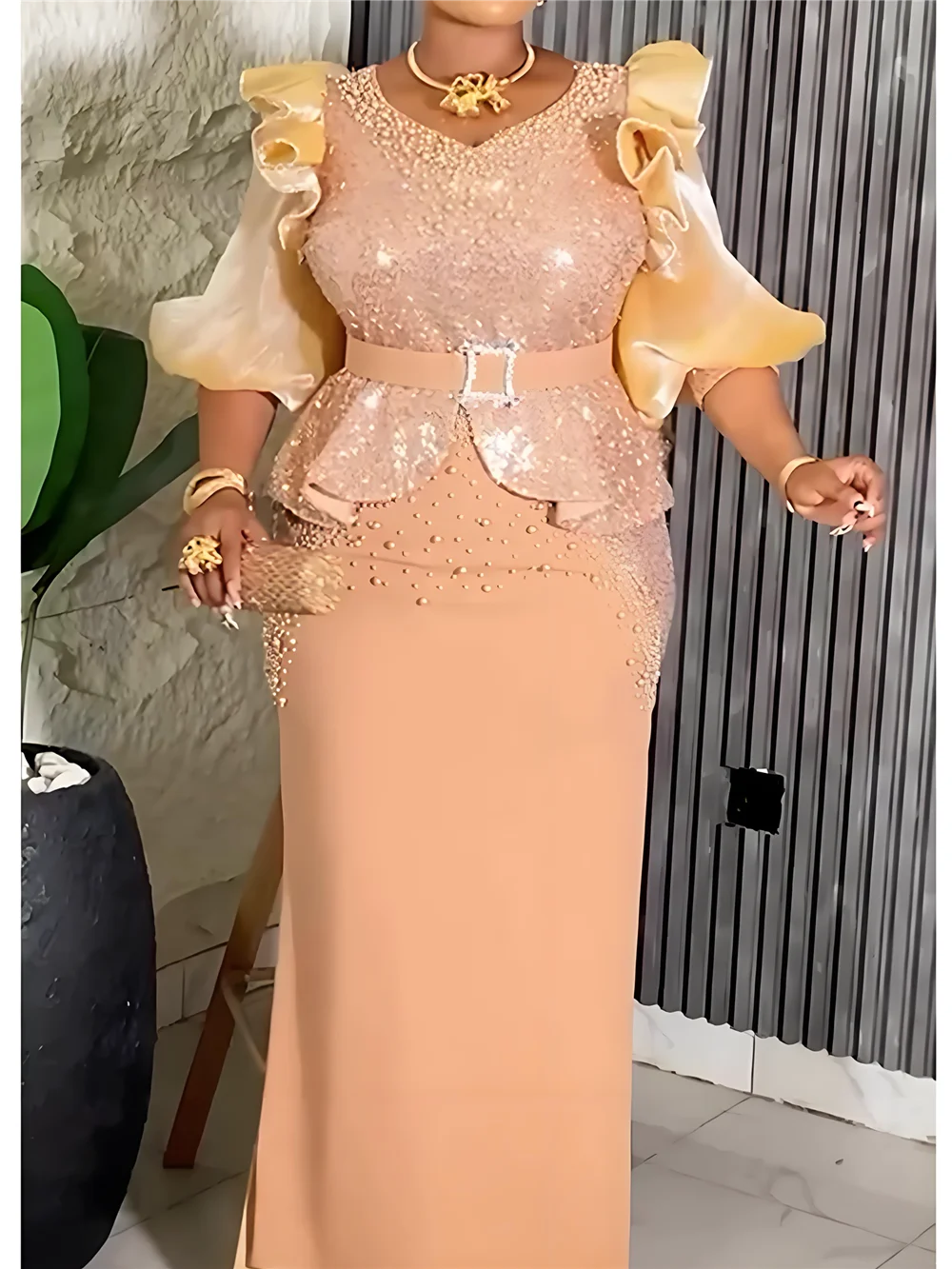 Plus size African party dress by Showlu Fashion, elegant long Dashiki sequin maxi gown for women, suitable for weddings and evening events