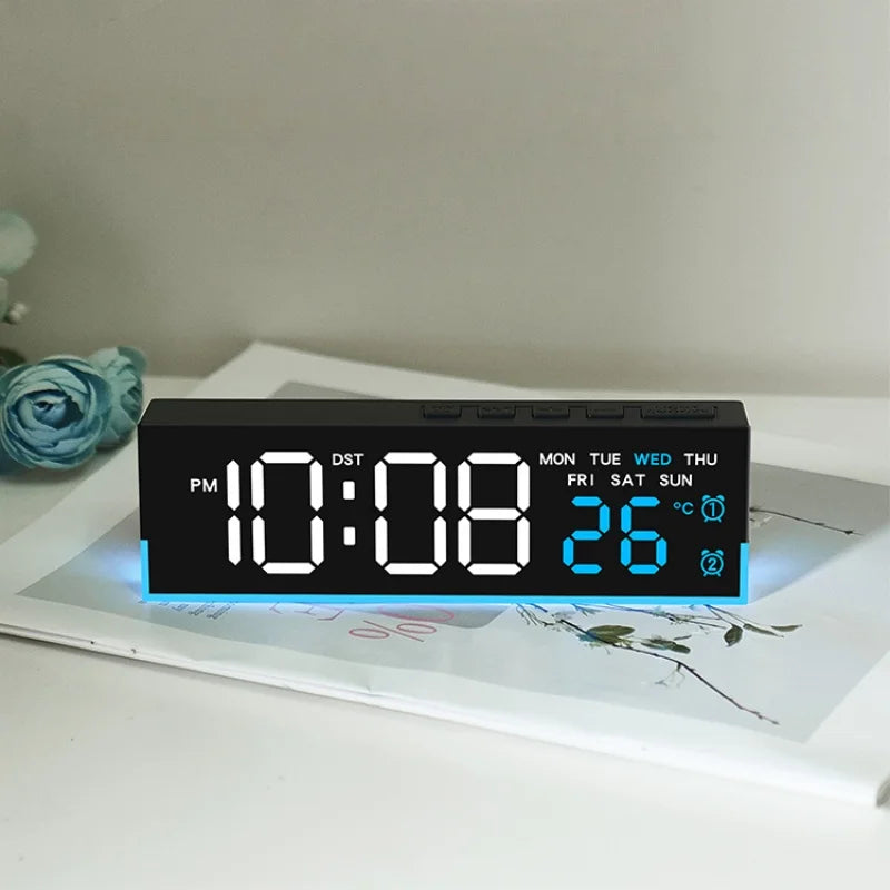 Showlu Smart LED digital alarm clock with mood light and temperature display, showing time on a sleek black device.