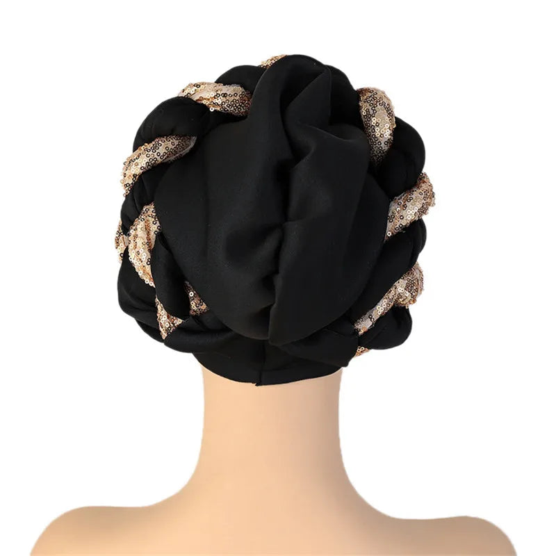 Sequins Braid Turban Cap for women African autogele Headtie