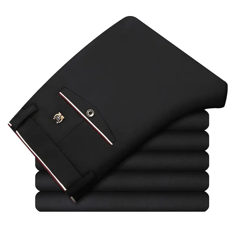 Men's stretch travel dress pants by Showlu Fashion, slim fit British-style lightweight business trousers with no iron needed.