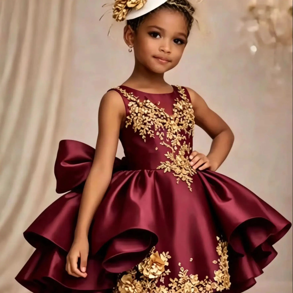 Elagant Flower Girl Dresses for Wedding Satin Sleeveless with Bow Applique Knee Lenght Kids First Communion Gowns Custom