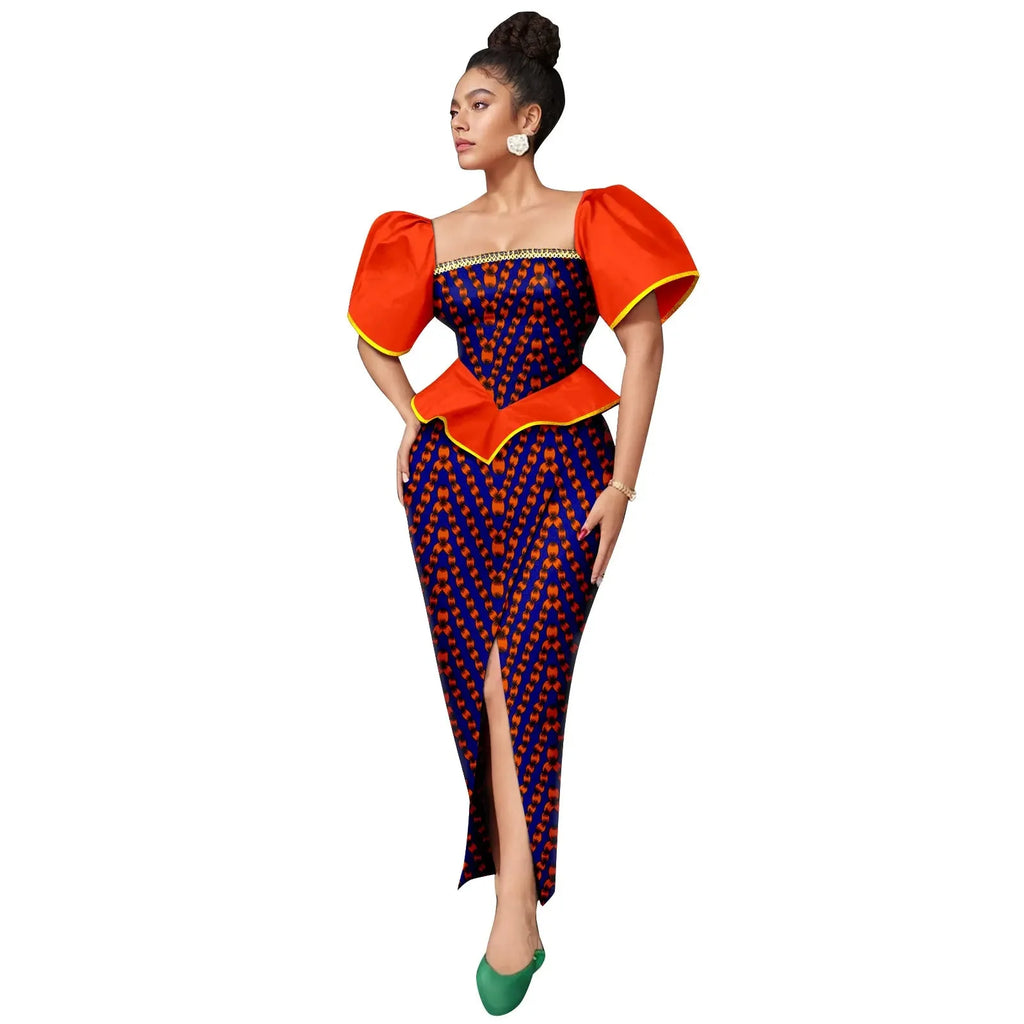 AFRIPRIDE women's Ankara print square neck puff sleeve A-line dress with vibrant patterns and stylish silhouette.