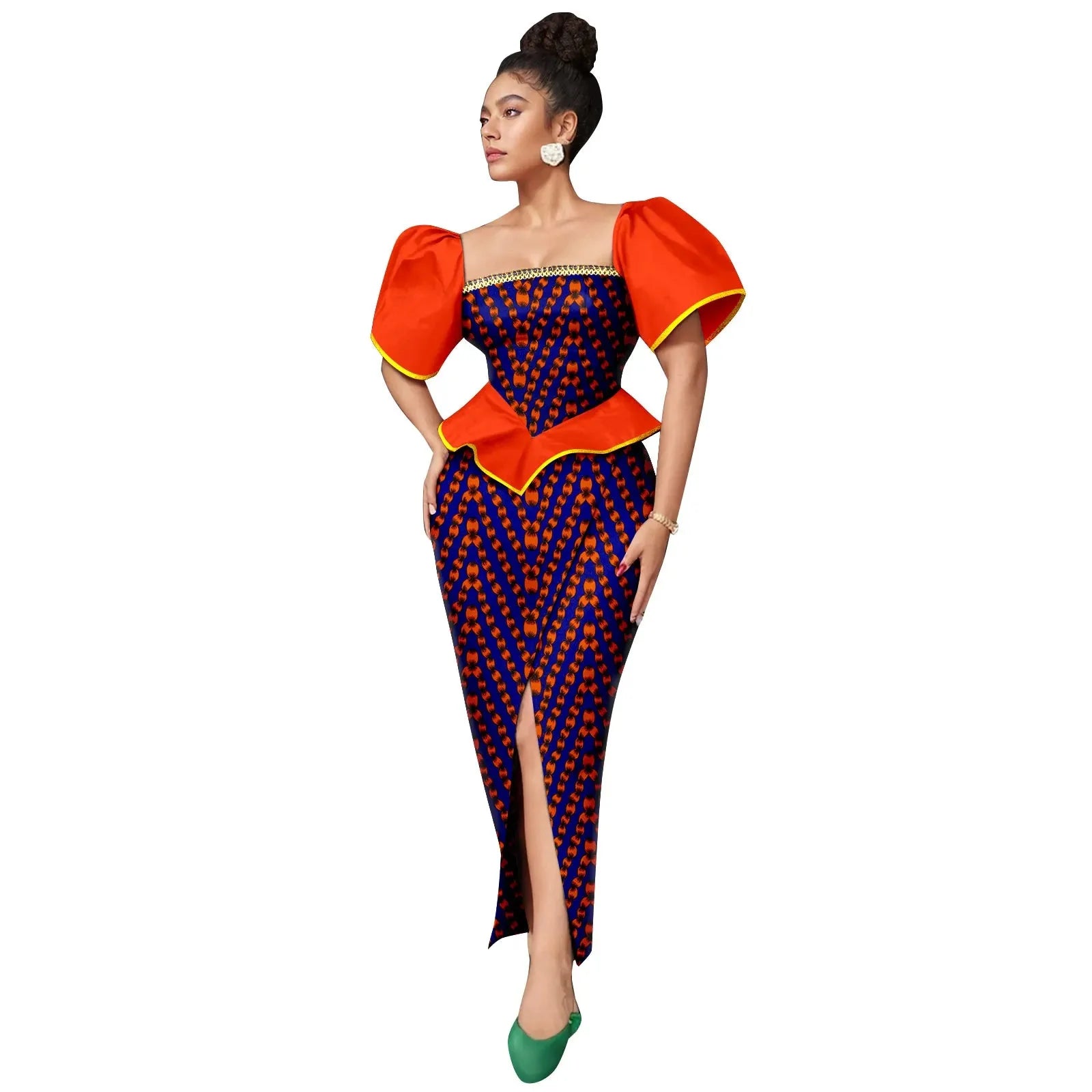 AFRIPRIDE women's Ankara print square neck puff sleeve A-line dress with vibrant patterns and stylish silhouette.