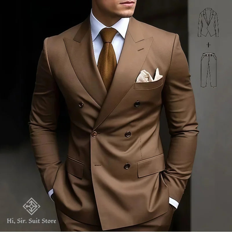 Slim-fit men's double-breasted suit set with blazer and pants from Showlu Fashion, ideal for weddings, formal events, and reunions.