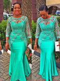 Turquoise mermaid evening dress with lace long sleeves and Aso Ebi style by SHOWLU FASHION STORE, elegant and fitted for formal occasions.