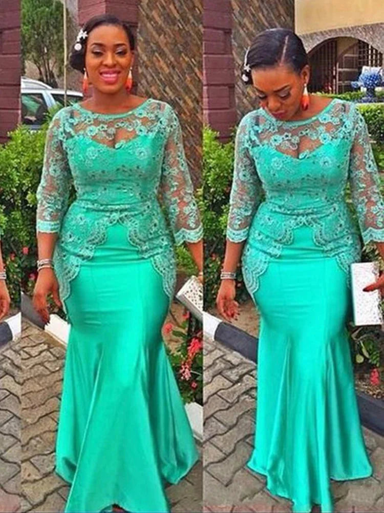 Turquoise mermaid evening dress with lace long sleeves and Aso Ebi style by SHOWLU FASHION STORE, elegant and fitted for formal occasions.
