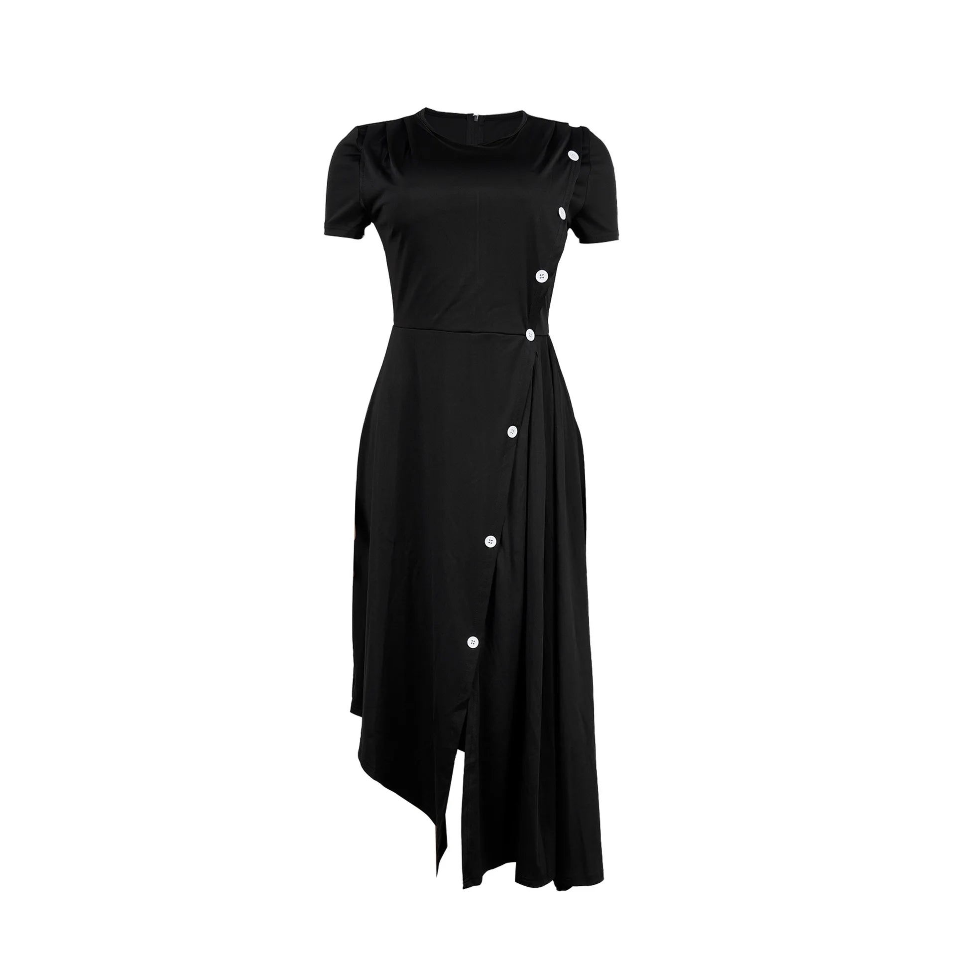 Elegant round-neck pleated dress with button details and irregular slit hem, stylish commuting dress for women.