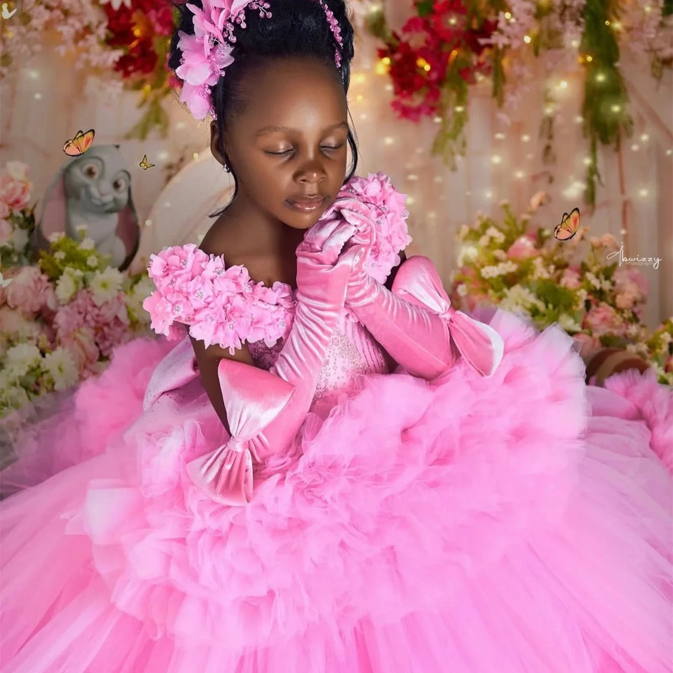Customized Pink Flower Girl Dress For Wedding Glitter Bow Sleeveless Tiered Floor Length Kids Birthday First Communion Gown