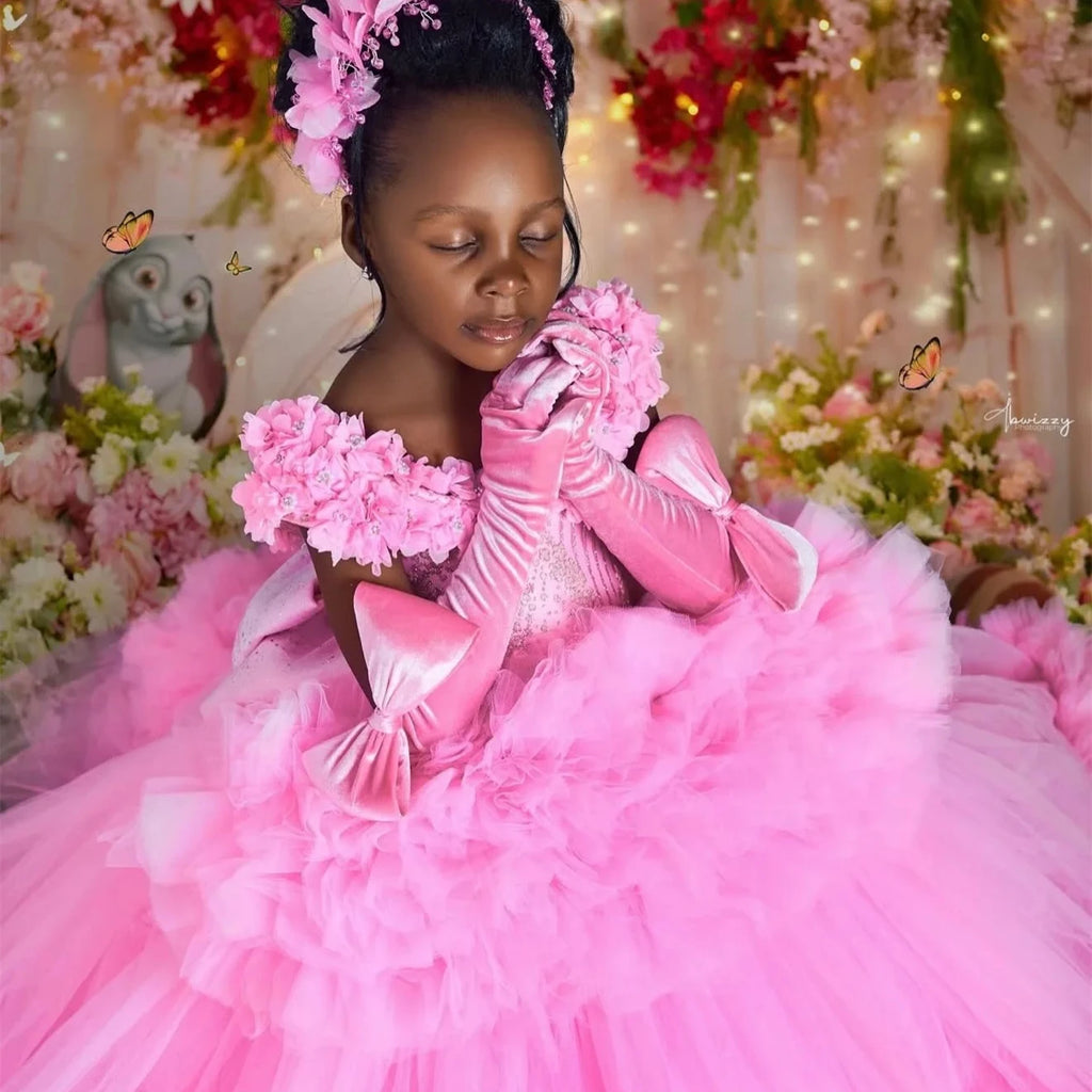 Customized Pink Flower Girl Dress For Wedding Glitter Bow Sleeveless Tiered Floor Length Kids Birthday First Communion Gown