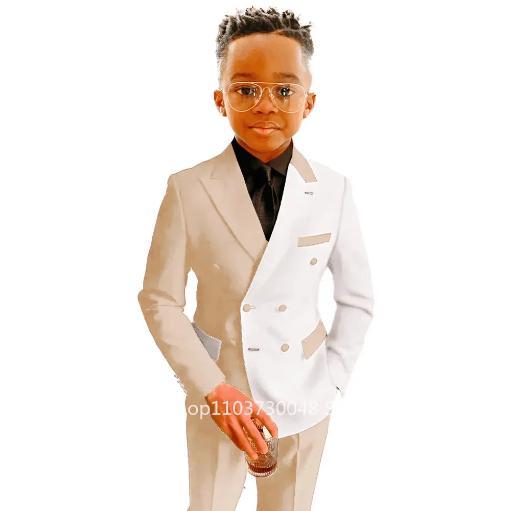 SHOWLU Boys' 2-Piece Double Breasted Suit with peak lapel, formal blazer set, stylish and tailored for young boys.