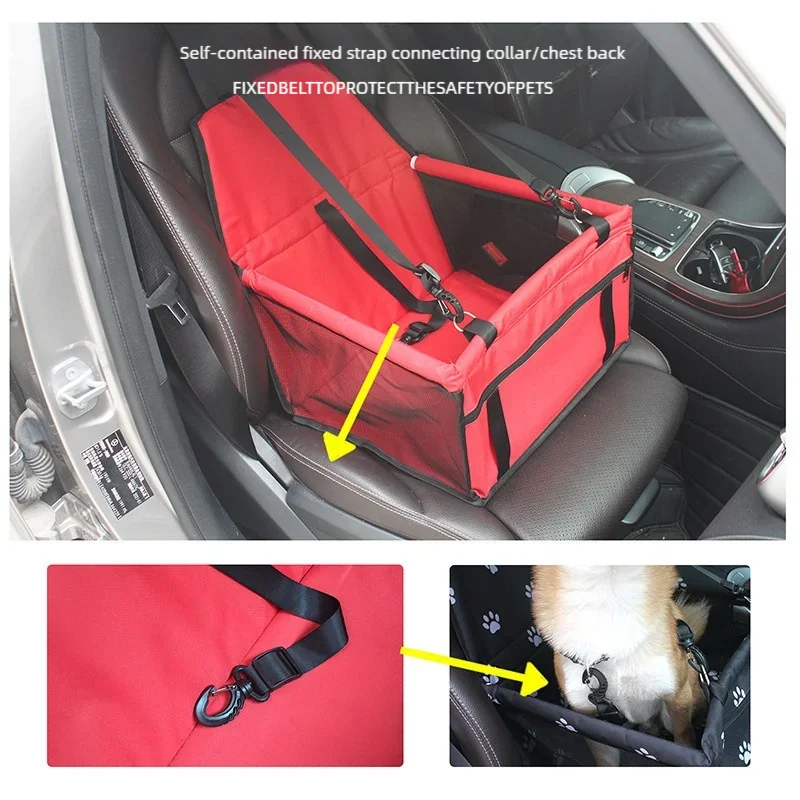 Foldable dog and cat car seat cover with safety harness, pet hammock, and storage pocket, designed for secure travel comfort.