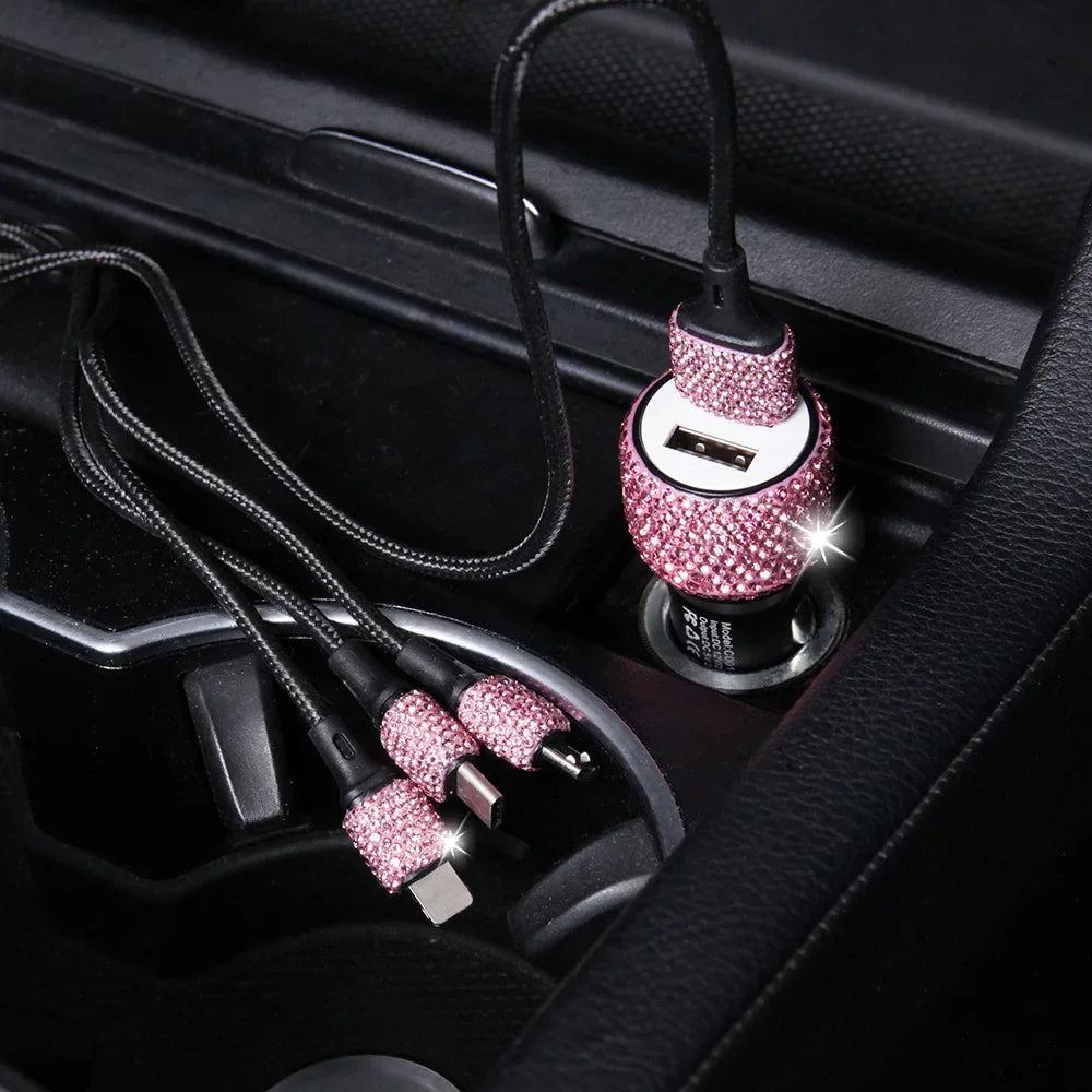 Pink Showlu crystal dual USB car charger with 3-in-1 charging cable, compact design, and stylish appearance for in-car device charging.