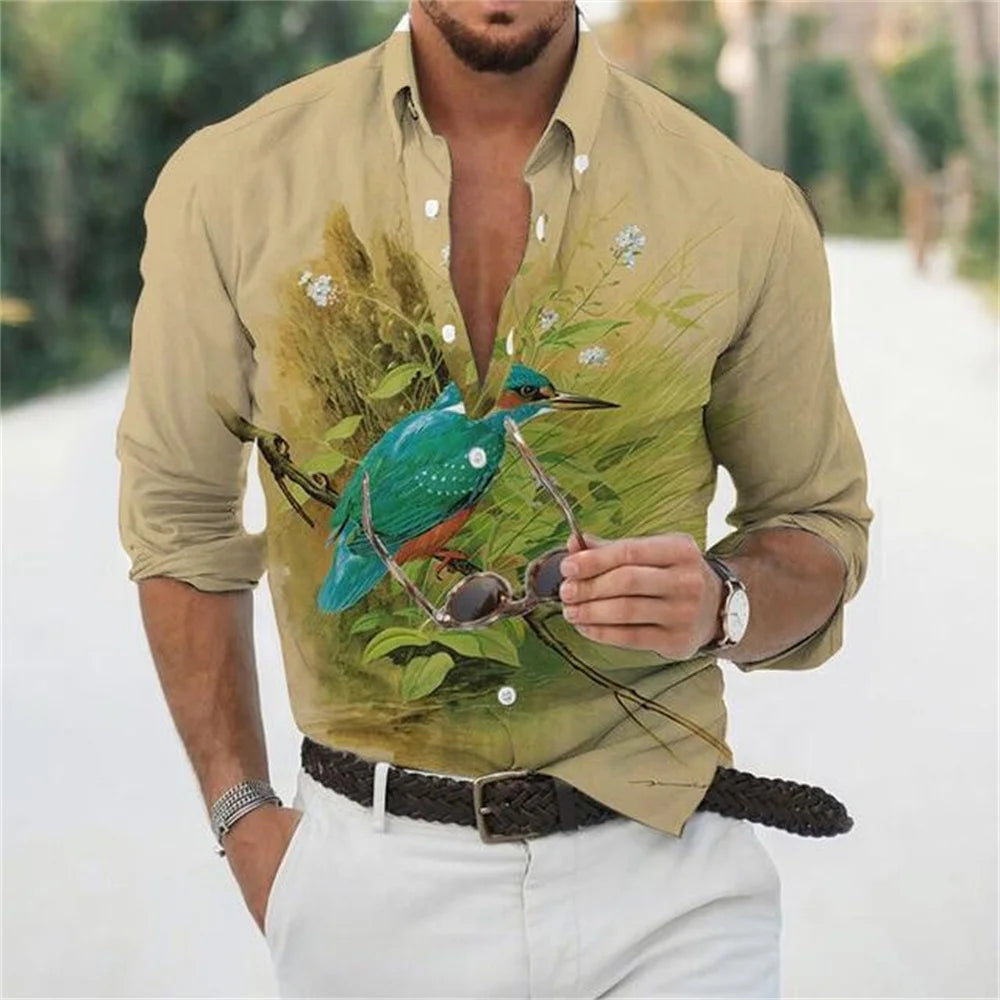 Men's long sleeve casual shirt with lapel and single-breasted design, stylish streetwear top from Showlu Fashion Store.