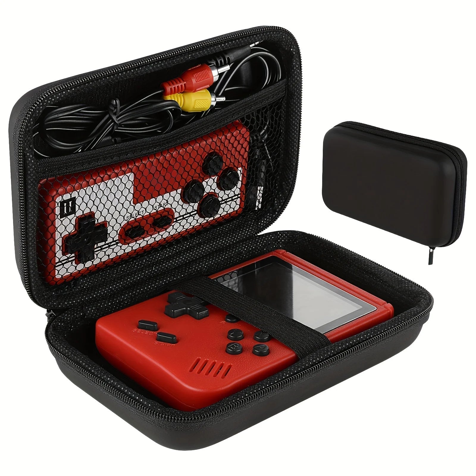 Showlu Fashion Store handheld game console carrying case with retro design, protective travel box for charging cables, earpods, and batteries.
