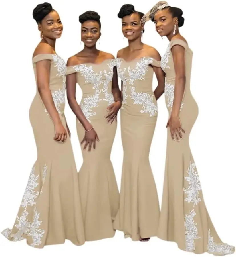 Burgundy off-the-shoulder mermaid satin bridesmaid dress by JC&STAR, featuring elegant fit and flared skirt for formal occasions.