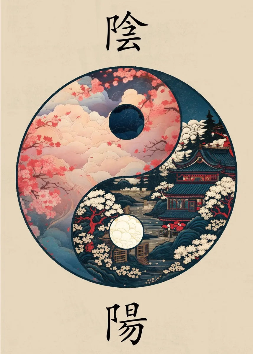 Japanese landscape with samurai, geisha, bonsai, torii gate, sakura, and traditional art painted on canvas wall print for home decor.