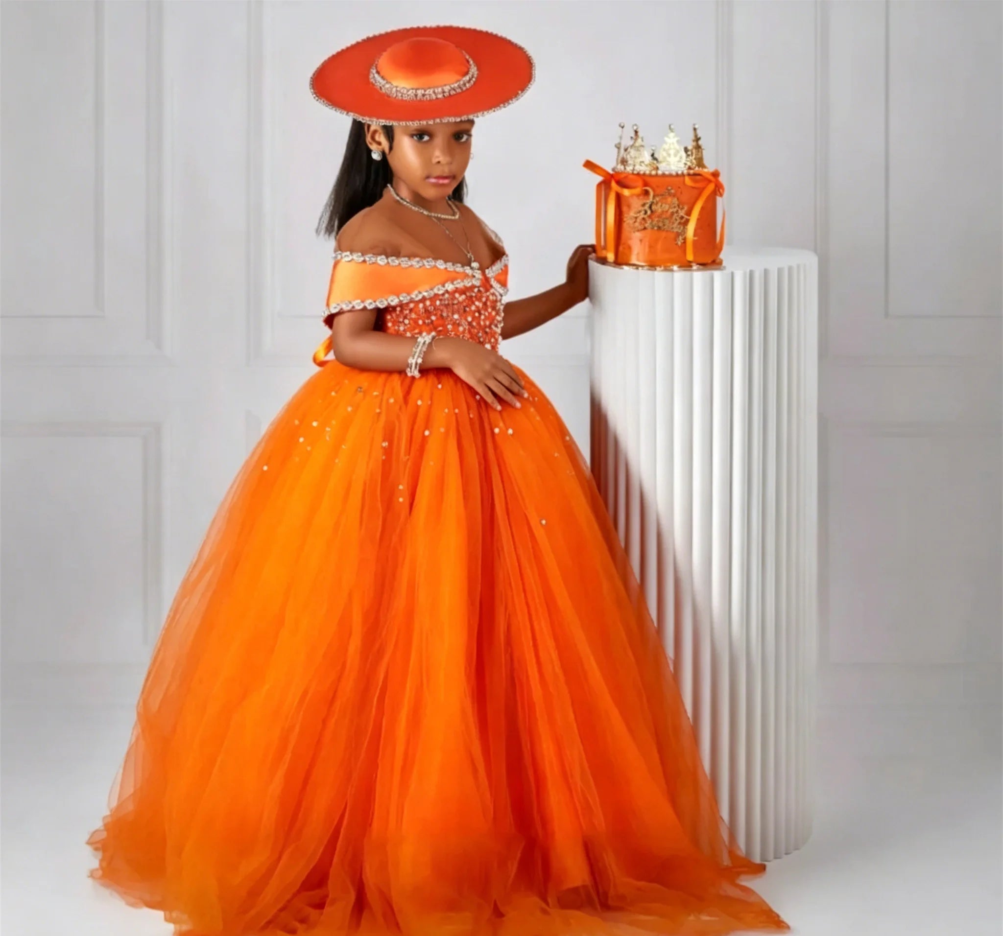 Luxury Customized Off Shoulder Flower Girl Dresses for Wedding Beading Tulle Floor Lenght Girls Birthday First Communion Gown