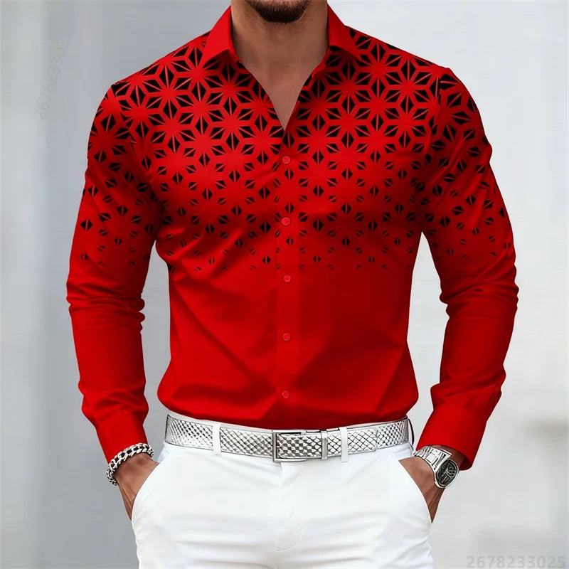 Men’s slim fit long sleeve shirts in 17 colors with geometric pattern print, casual trendy fashion by Showlu.