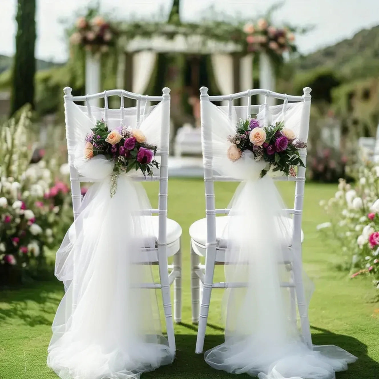 Set of 10 white gauze wedding chair sashes with bows, 200x75cm, for aisle and event chair decor, by Showlu Fashion Store.