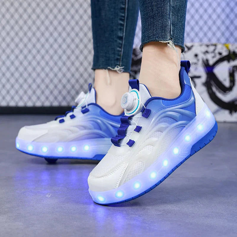 Showlu Kids LED roller skate shoes with luminous lights, USB charging, and sporty design for children.