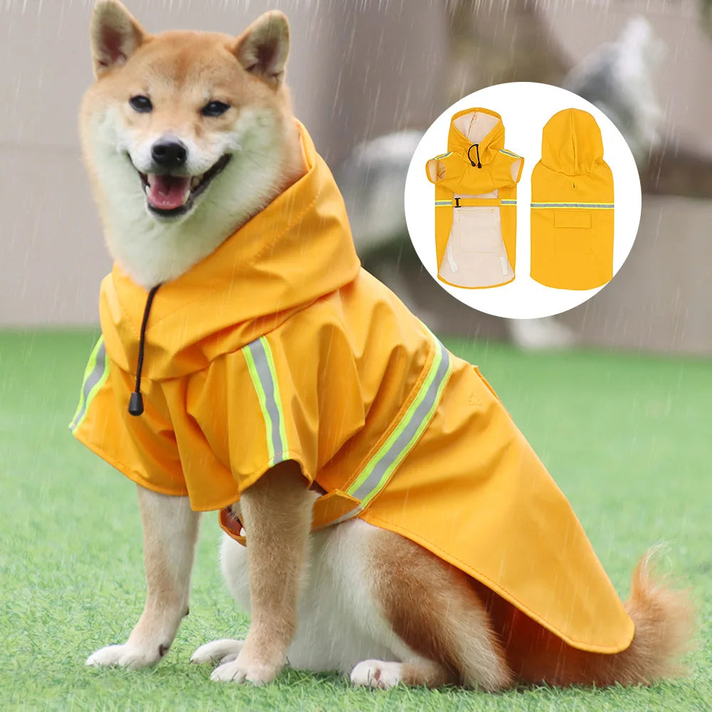 Reflective waterproof dog raincoat with hood by Showlu Fashion Store, made of nylon for outdoor protection and visibility.