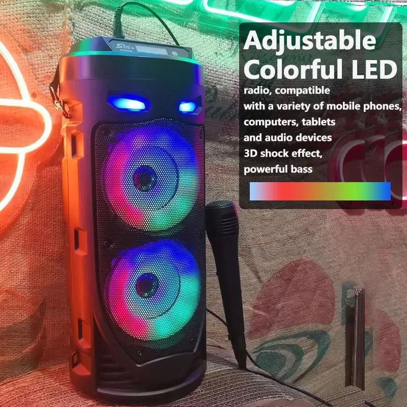 MouZYuan 30W portable Bluetooth speaker with LED, HiFi wireless subwoofer, compact design, black color, and textured surface.