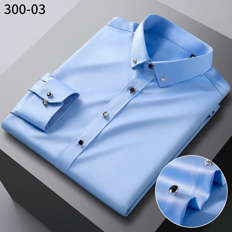Men's long sleeve silk shirt by Showlu Fashion Store featuring diamond buttons, soft anti-wrinkle fabric, ideal for formal or business wear