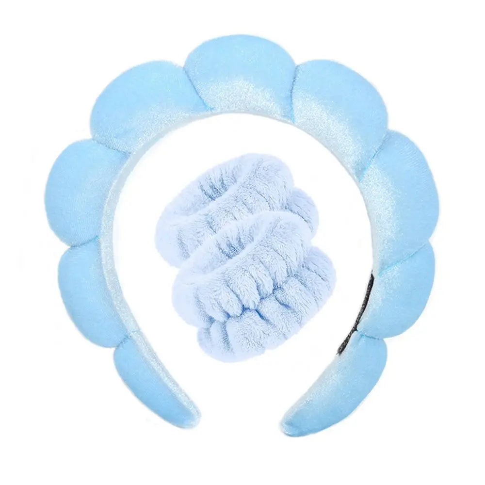 Set of three microfiber washing wristbands and puffy spa headbands, ideal for face washing, makeup, and skincare routines.