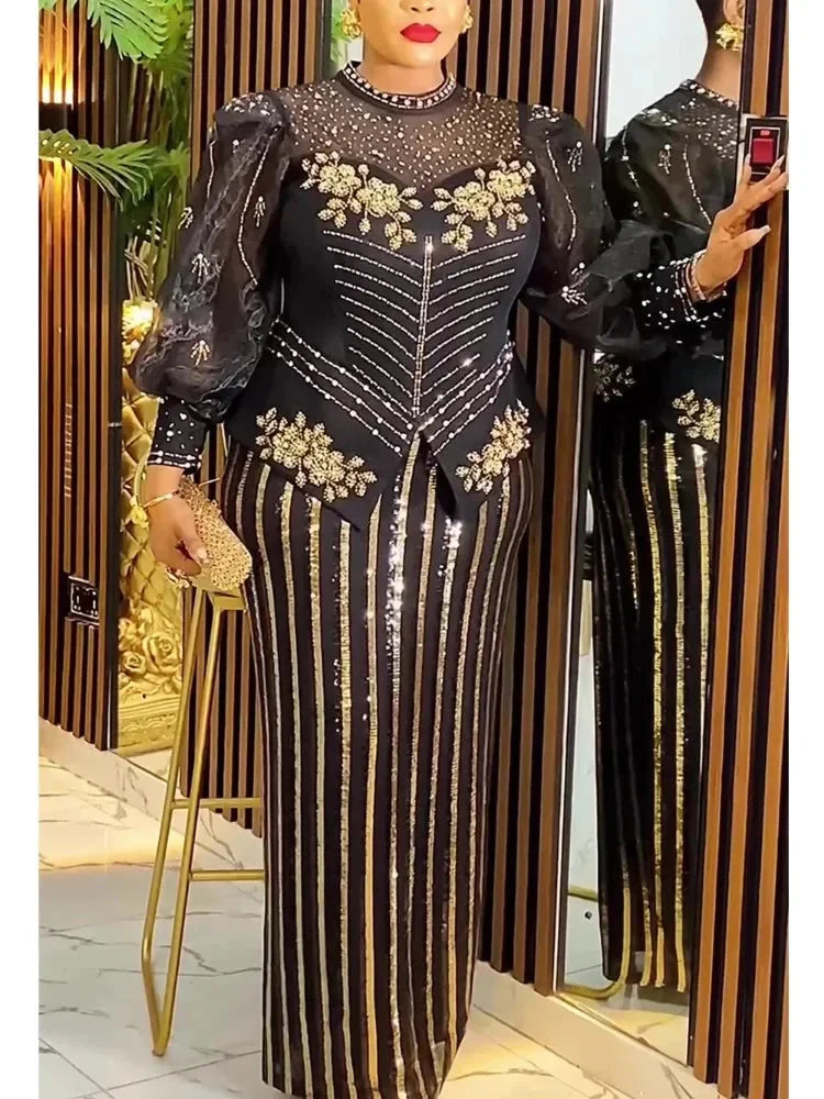 Plus size SHOWLU African sequin evening party dress with dashiki Ankara design, featuring vibrant colors and elegant fit.