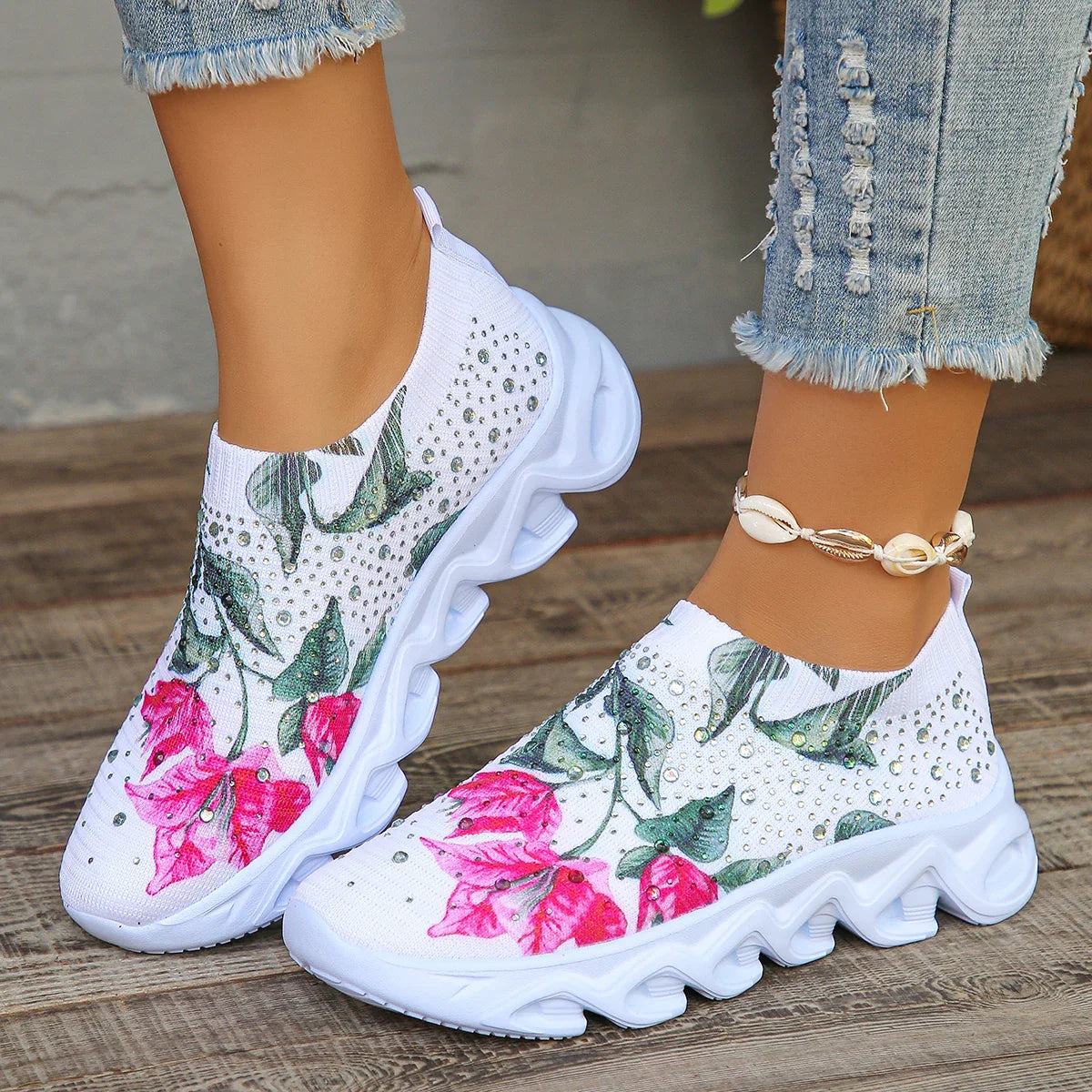 Women's Crystal Floral Mesh Sneakers by SHOWLU FASHION STORE featuring breathable slip-on flats with floral crystal accents.