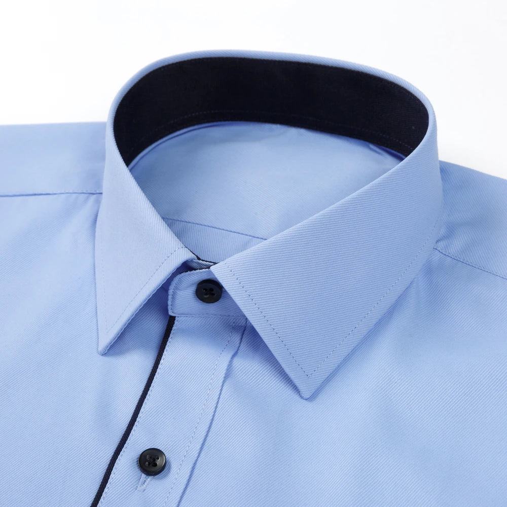 Men's classic contrast stitching long sleeve dress shirt with front placket, semi-formal style, standard fit, suitable for business and office wear