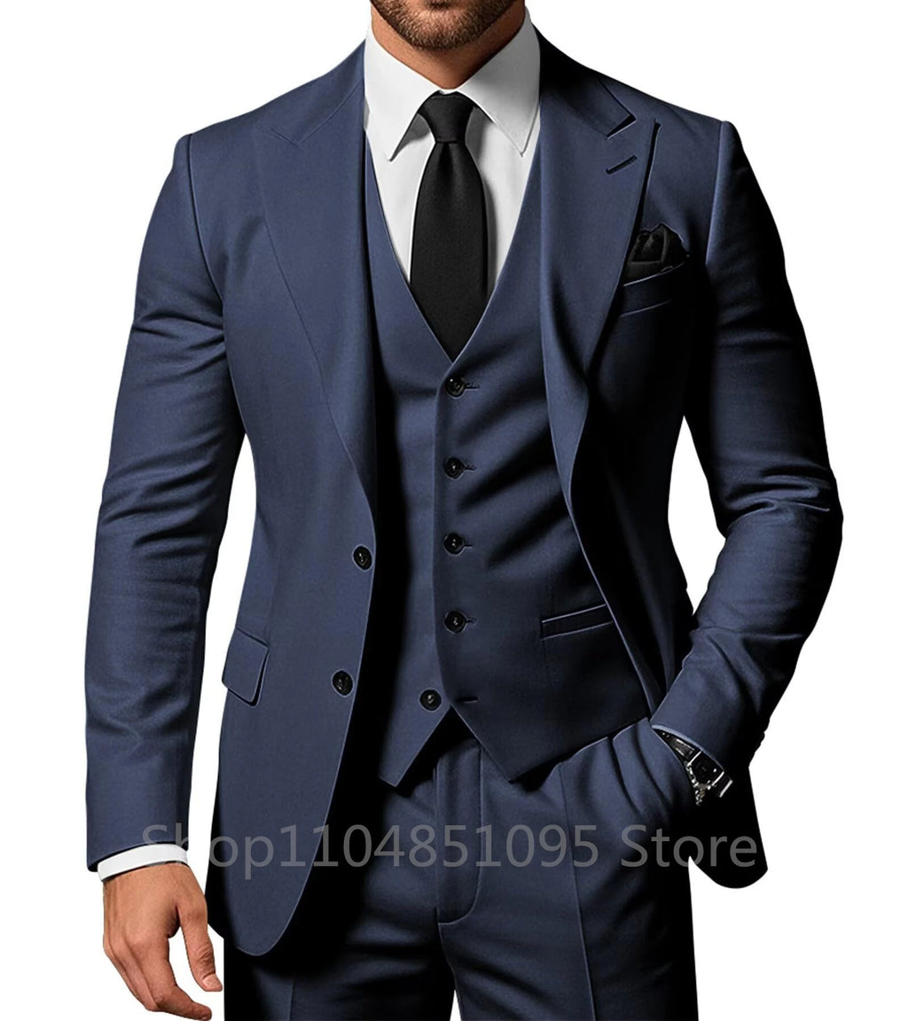 Three-piece solid men's wedding tuxedo set with peak lapel jacket, pants, and vest, perfect for formal occasions and prom events.