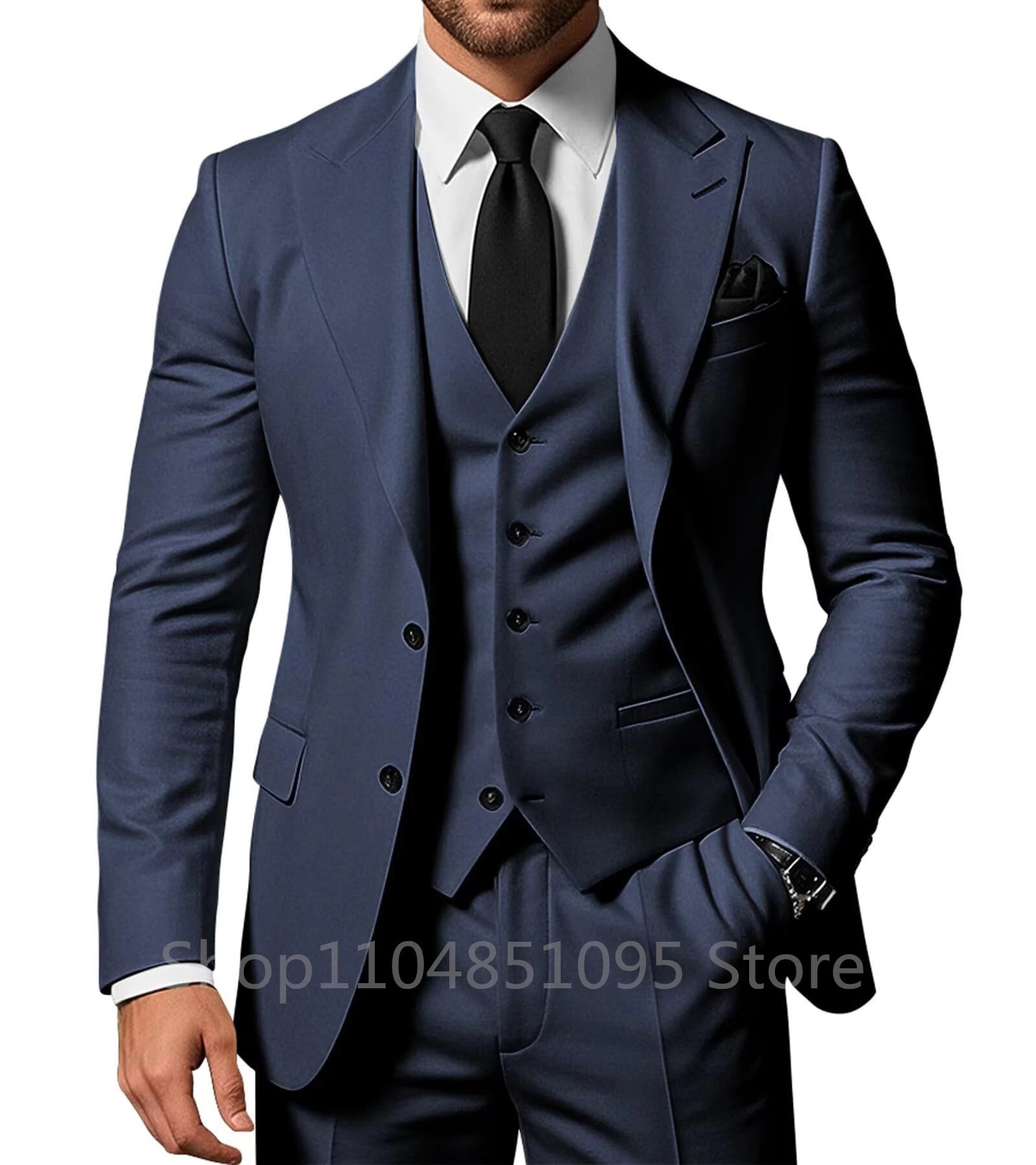 Three-piece solid men's wedding tuxedo set with peak lapel jacket, pants, and vest, perfect for formal occasions and prom events.