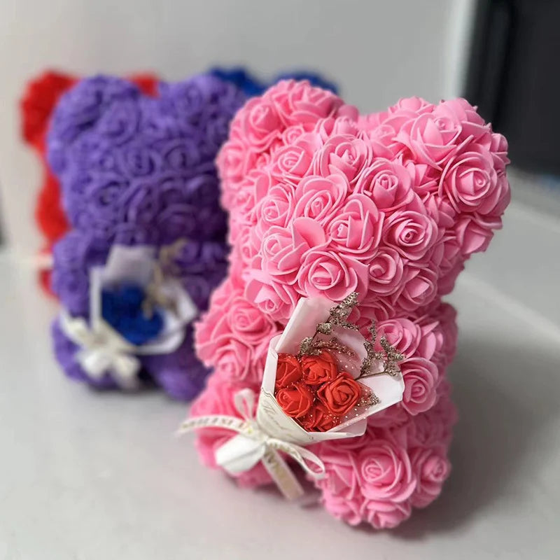 Artificial 25cm rose bear by Showlu Fashion, foam flower gift with box, featuring realistic red roses and plush bear design.